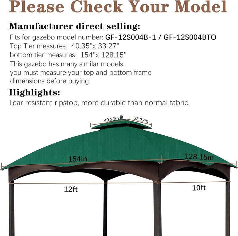 SCOCANOPY Forest Green Ripstop Replacement Top Fit for Lowe's Allen Roth 10X12 Gazebo Model #GF-12S004B-1/ GF-12S004BTO - Image 2